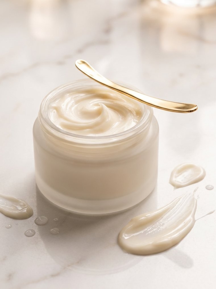 An open jar of ivory cream with a gold spatula on white marble