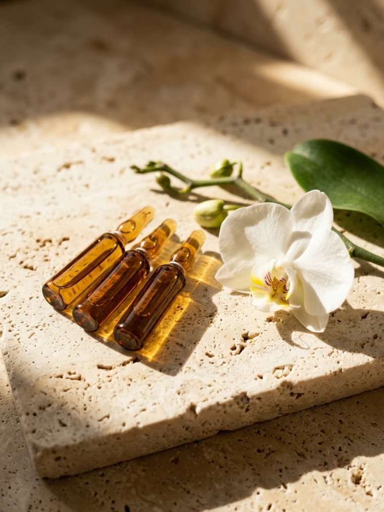 Amber ampoules and a white orchid on travertine, representing hormone formulations