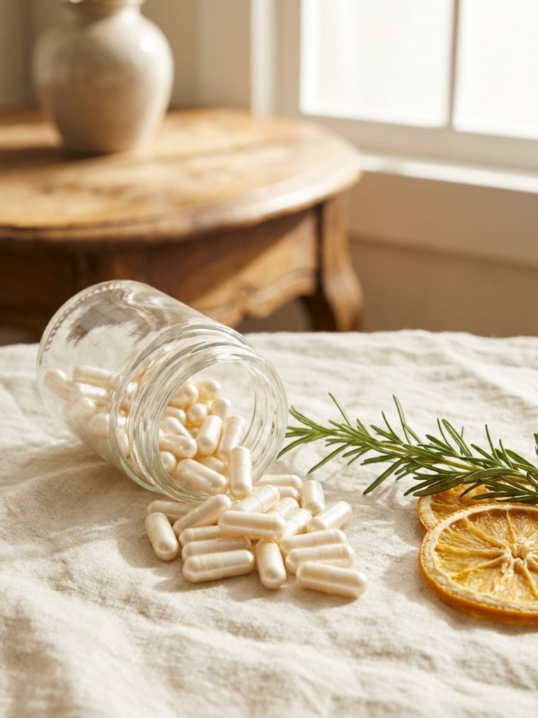 Pearl-white nutrient capsules spilling from a glass jar onto cream linen