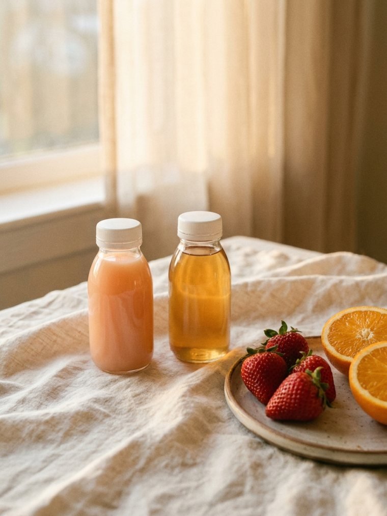 Two small bottles of pastel flavoured liquid with fresh fruit on cream cloth