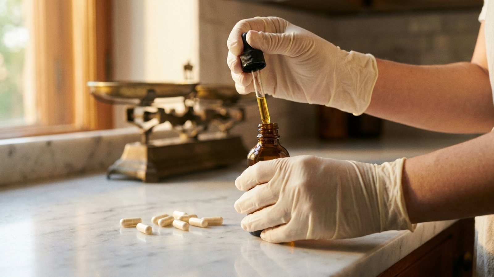 Lynnity pharmacist measuring a compounded formulation with a glass pipette