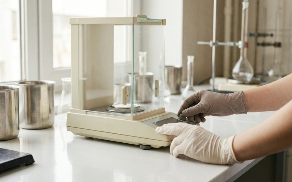 Gloved hands using a precision analytical balance in a clean laboratory