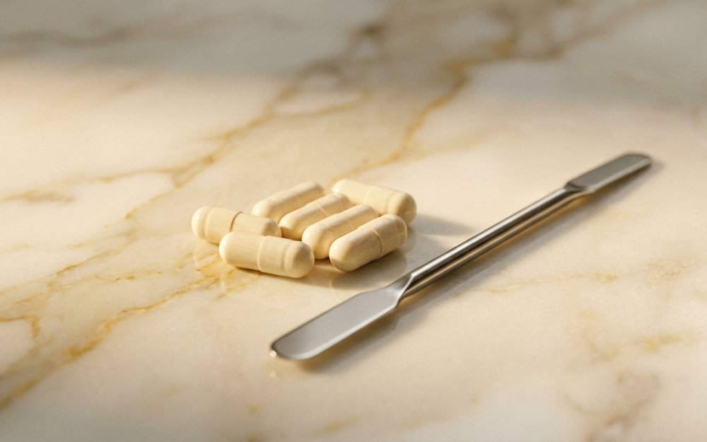 Small precise capsules and a micro-spatula on pale marble