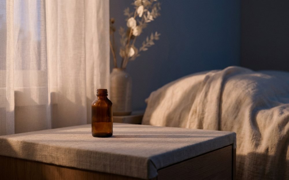 A small amber bottle on a linen bedside table at dusk