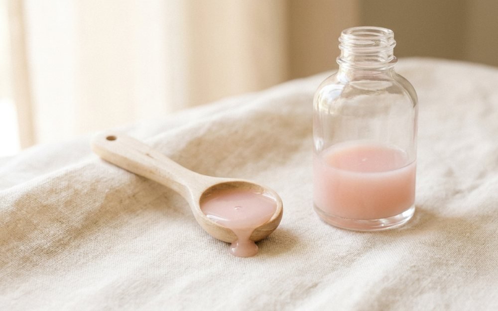 A wooden measuring spoon with pink syrup beside a small glass bottle
