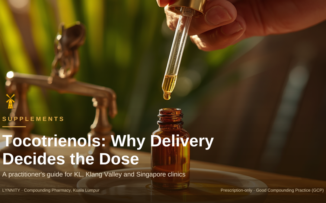 Compounded tocotrienols cover - dropper of golden palm oil over amber bottle, Lynnity clinical journal