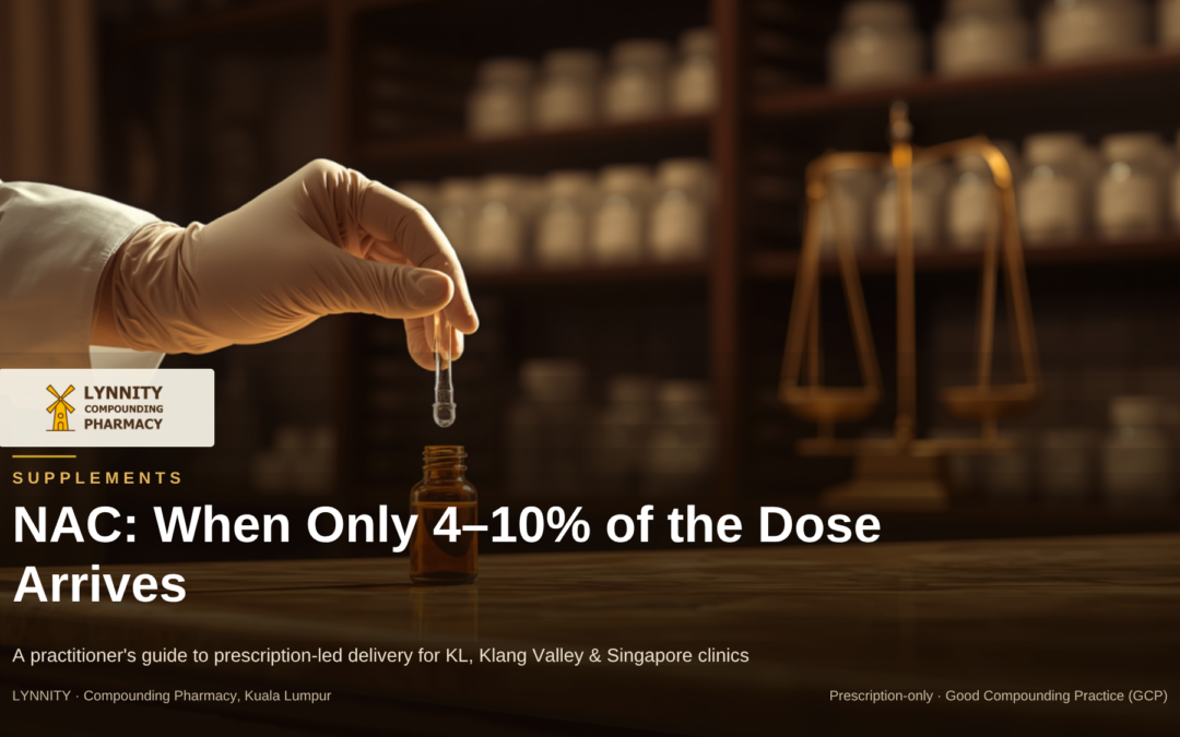 Compounded liposomal NAC cover - gloved pharmacist hand with dropper over amber bottle, Lynnity clinical journal