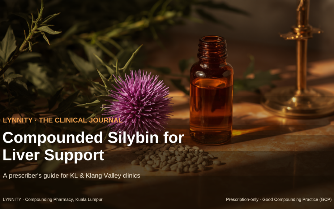 Compounded silymarin (silybin) for liver support — milk thistle and amber apothecary bottle, Lynnity Kuala Lumpur