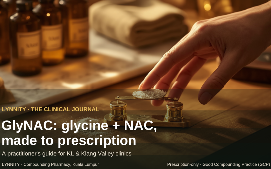 Compounded GlyNAC cover - powder measured on a brass balance, Lynnity clinical journal