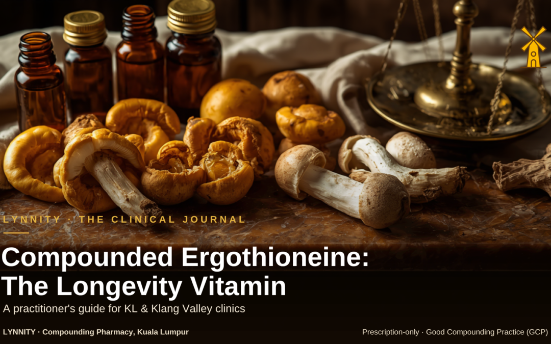 Compounded ergothioneine cover - mushrooms and amber bottles beside brass scale, Lynnity clinical journal