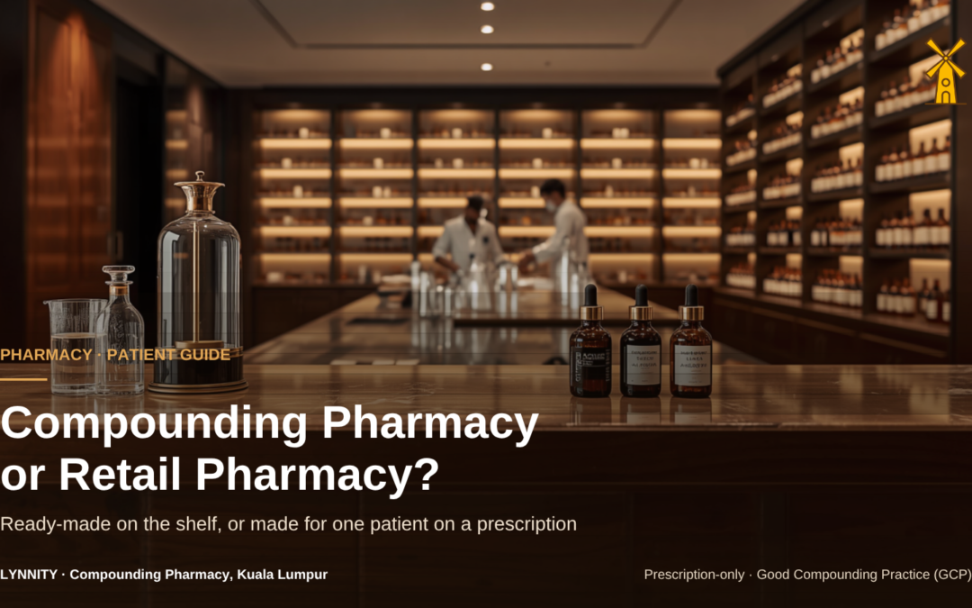 A bespoke compounding laboratory bench with pharmacists working in the dispensary behind