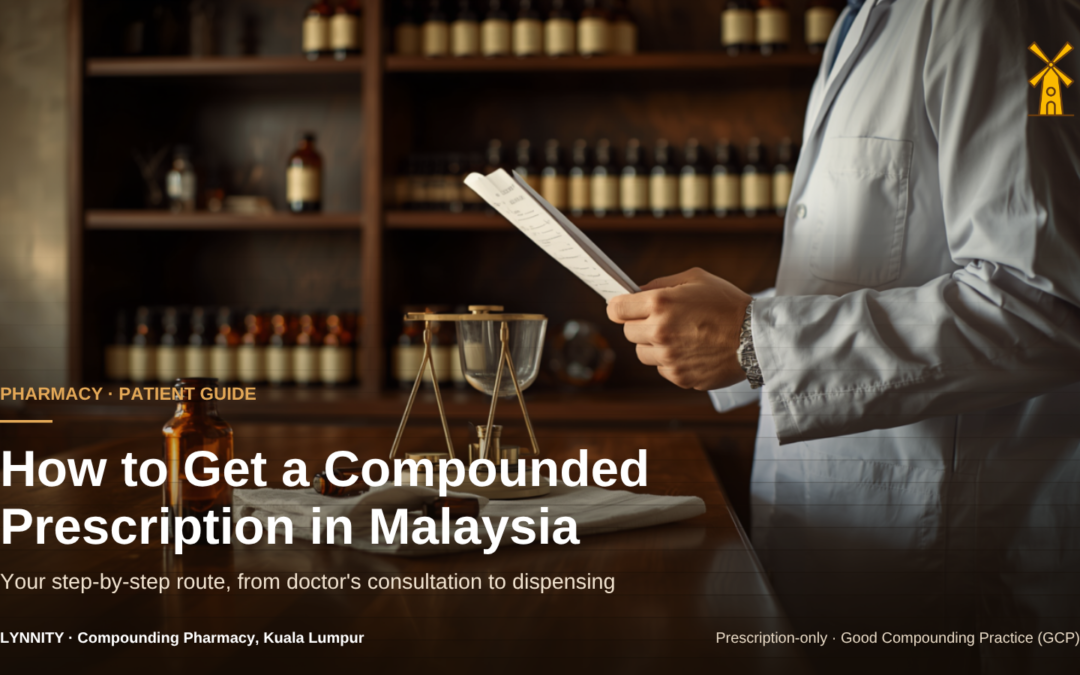 A pharmacist reading a paper prescription at a compounding bench in Kuala Lumpur