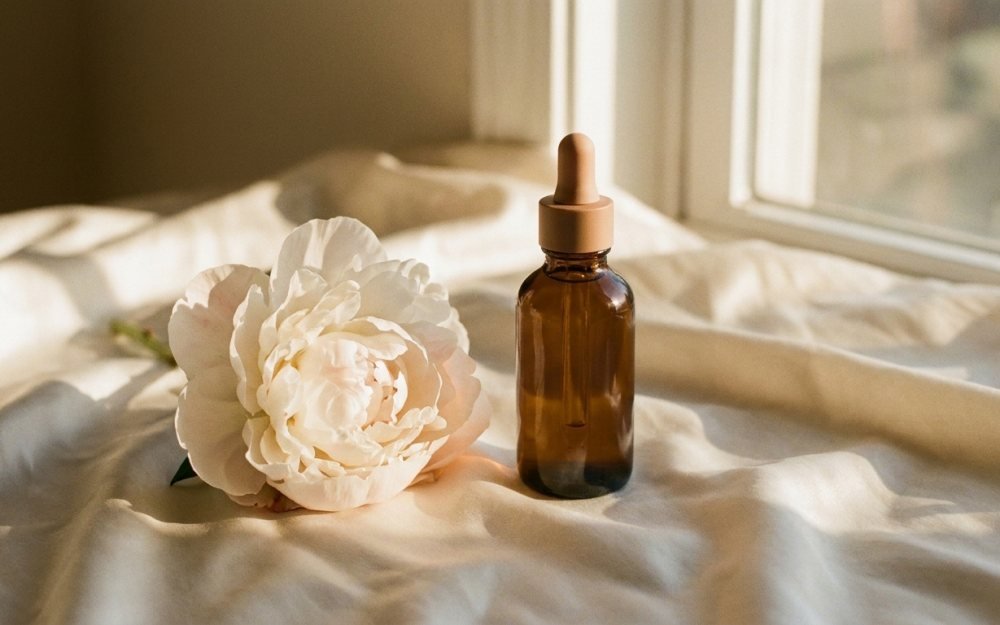 An amber dropper bottle beside a white peony on cream silk in soft window light