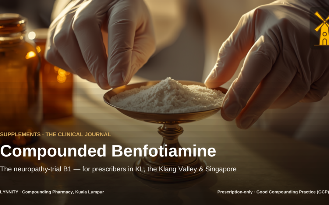 Pharmacist's gloved hands weighing white crystalline powder on a brass balance pan — Compounded Benfotiamine, Lynnity Compounding Pharmacy