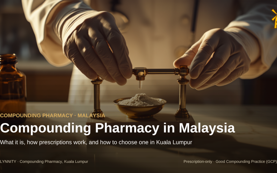 A pharmacist's gloved hands weighing powder on a brass balance in a compounding pharmacy in Kuala Lumpur