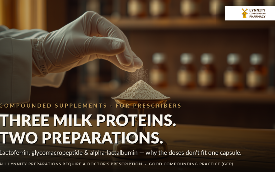 Pharmacist hand dispensing fine milk protein powder onto a brass balance — three milk proteins, two preparations
