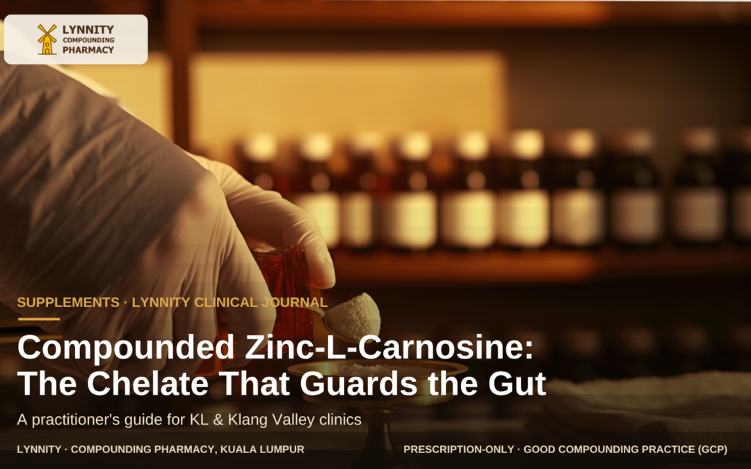 Pharmacist dispensing white powder onto a brass balance — compounded zinc-L-carnosine, Lynnity KL