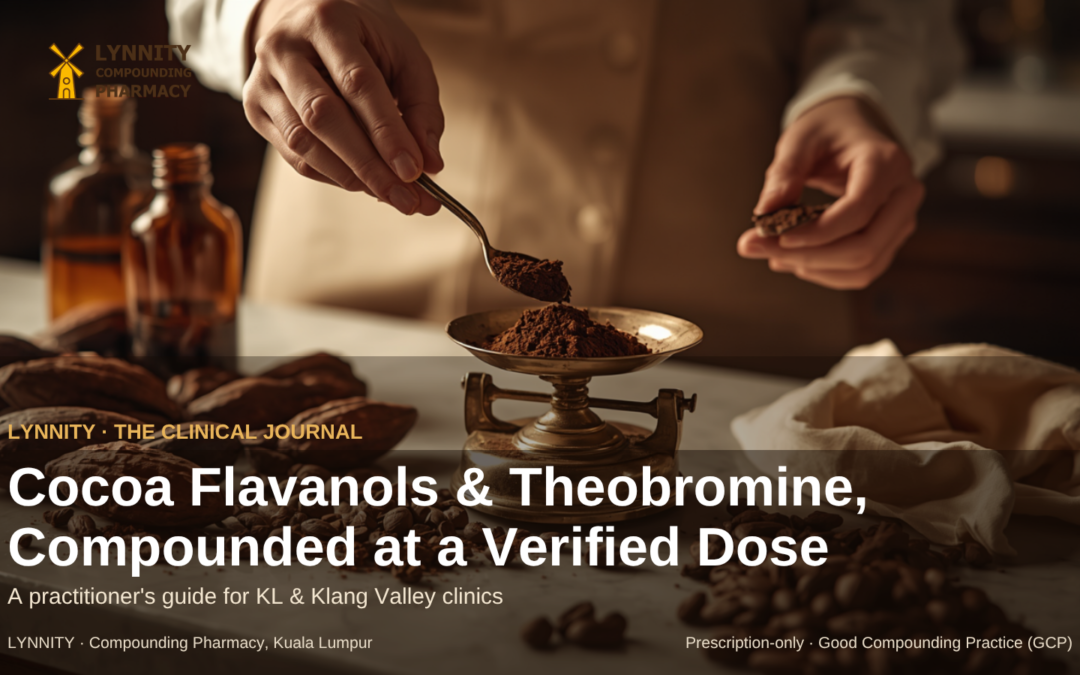 Pharmacist's hands spooning cocoa powder onto a brass balance beside cacao pods and amber glass