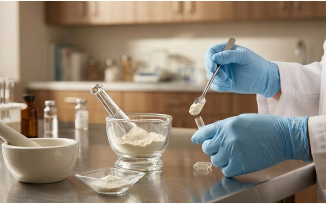 Pharmacist preparing a customised bioidentical progesterone capsule on a compounding bench