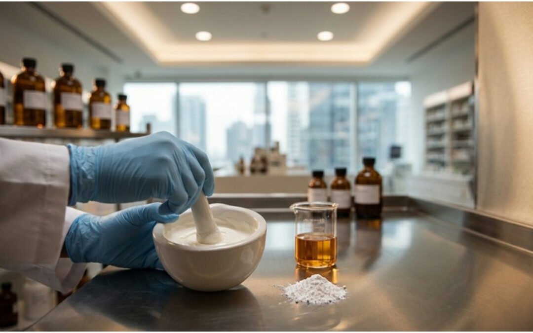 Pharmacist preparing a customised hormone cream on a compounding bench in a Kuala Lumpur pharmacy