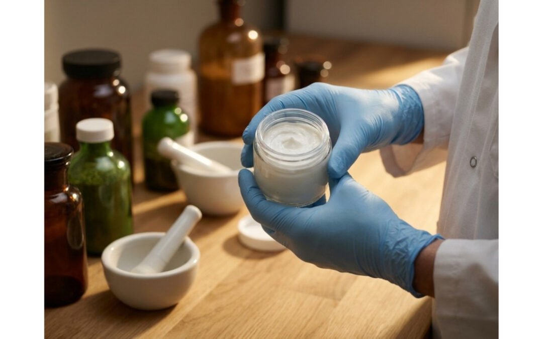 Pharmacist reviewing a compounded cream jar and dermatology ingredient containers on a clean non-sterile compounding bench