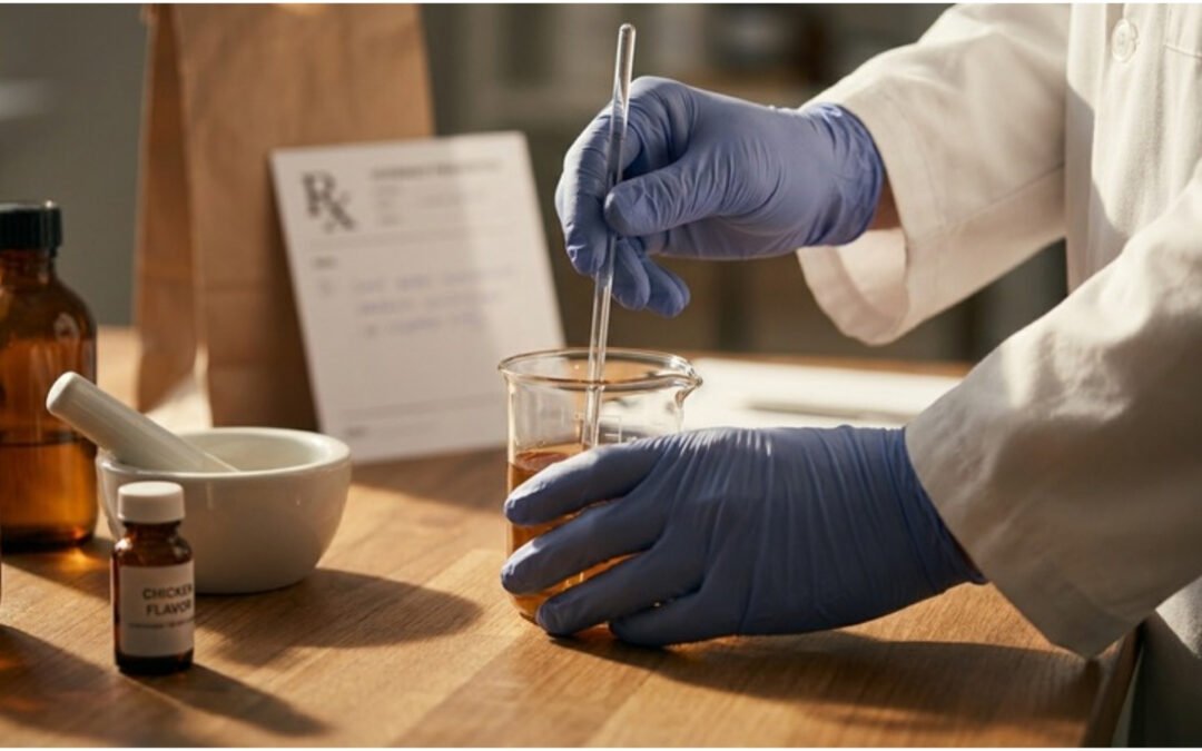 Pharmacist preparing a flavoured oral liquid on a non-sterile compounding bench with a veterinary prescription note nearby
