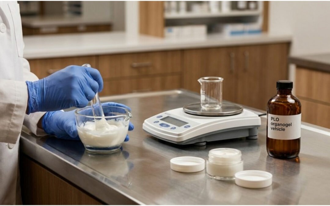 Pharmacist compounding a high-strength topical lidocaine cream on a clean pharmacy compounding bench