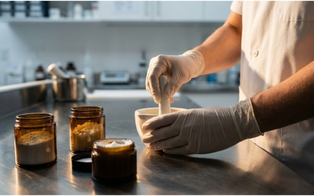 Pharmacist compounding a soothing topical cream with allantoin and menthol on a clean pharmacy compounding bench