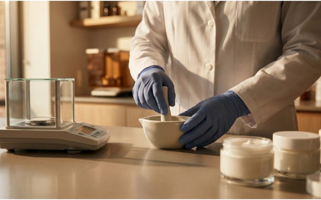 Pharmacist compounding a topical anaesthetic cream on a clean pharmacy compounding bench