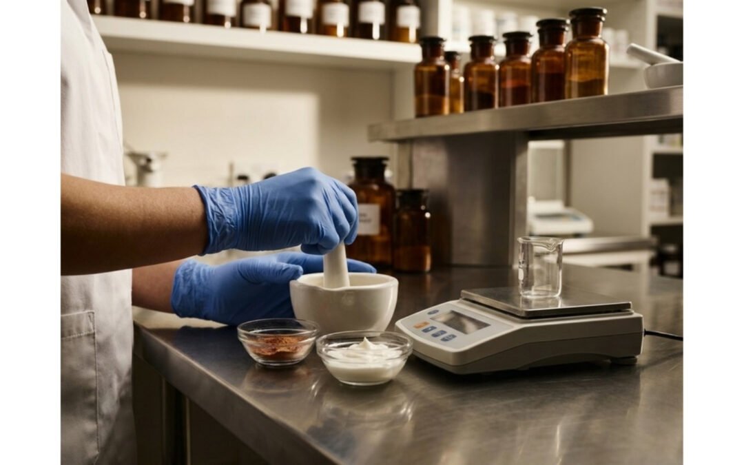 Pharmacist's gloved hands preparing a customised brightening cream on a clean compounding bench