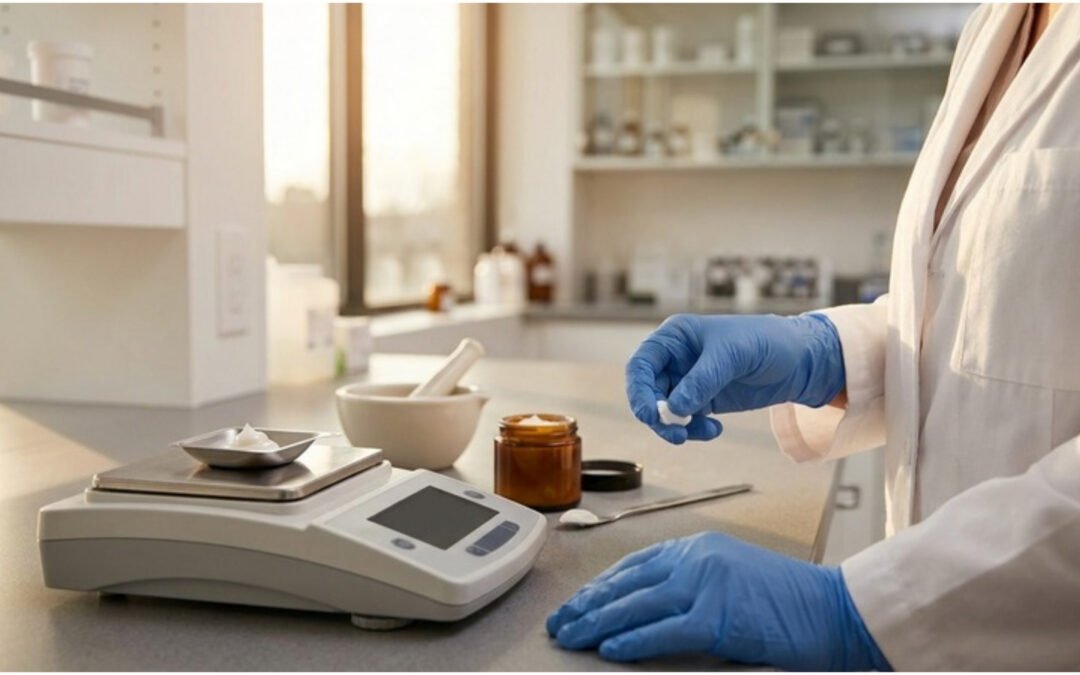 Pharmacist's gloved hands weighing cream base on a digital balance in a compounding lab