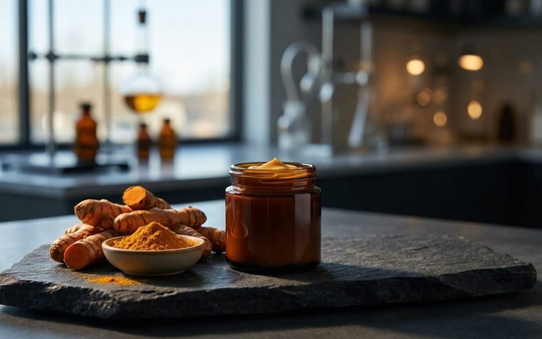 Editorial still life of turmeric and a compounded topical preparation in a modern pharmacy setting