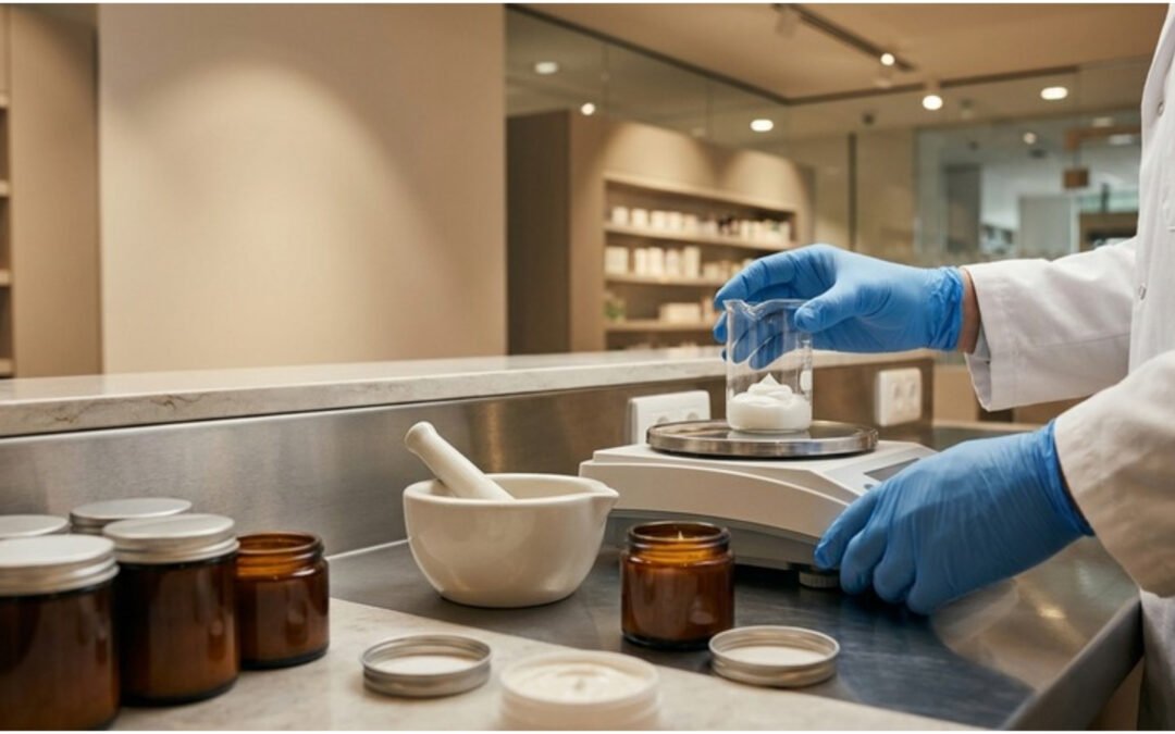 Pharmacist compounding a topical pain cream on a clean pharmacy compounding bench