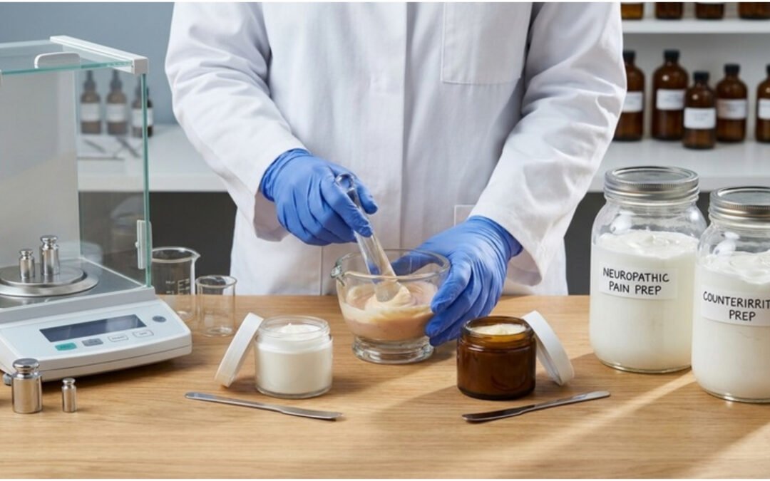 Pharmacist compounding two different topical pain creams side by side on a clean pharmacy compounding bench
