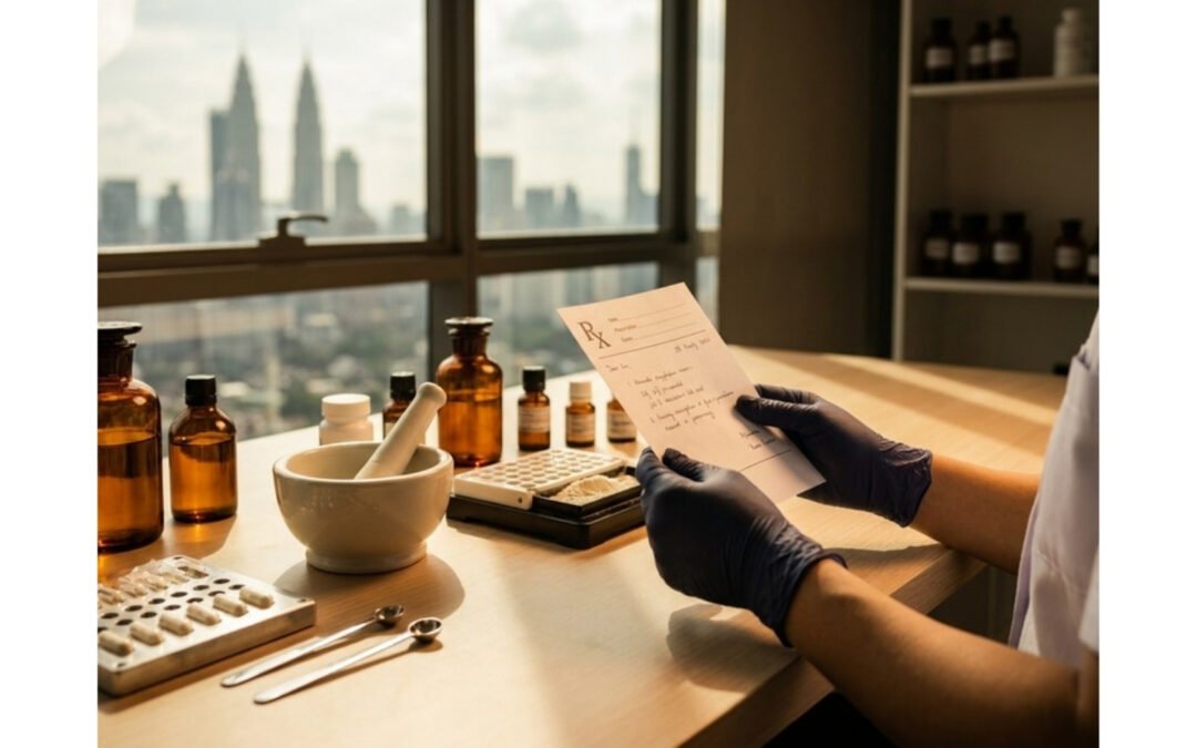 Pharmacist reviewing a prescription note beside a compounding bench with capsule and liquid preparation ingredients in a Kuala Lumpur pharmacy