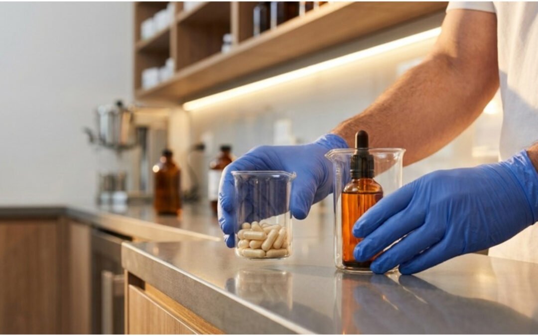 A pharmacist's gloved hands on a compounding bench comparing two resveratrol preparation forms — a standard capsule and a liposomal oral liquid in an amber bottle