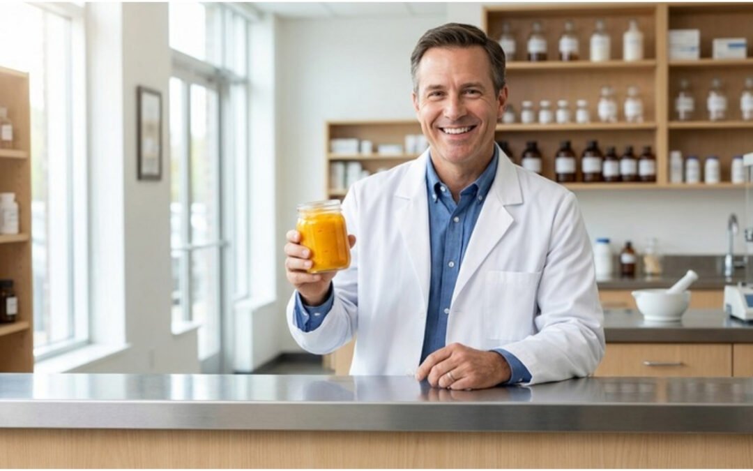 Editorial magazine-style hero photograph of a pharmacist holding a jar of compounded topical curcumin cream