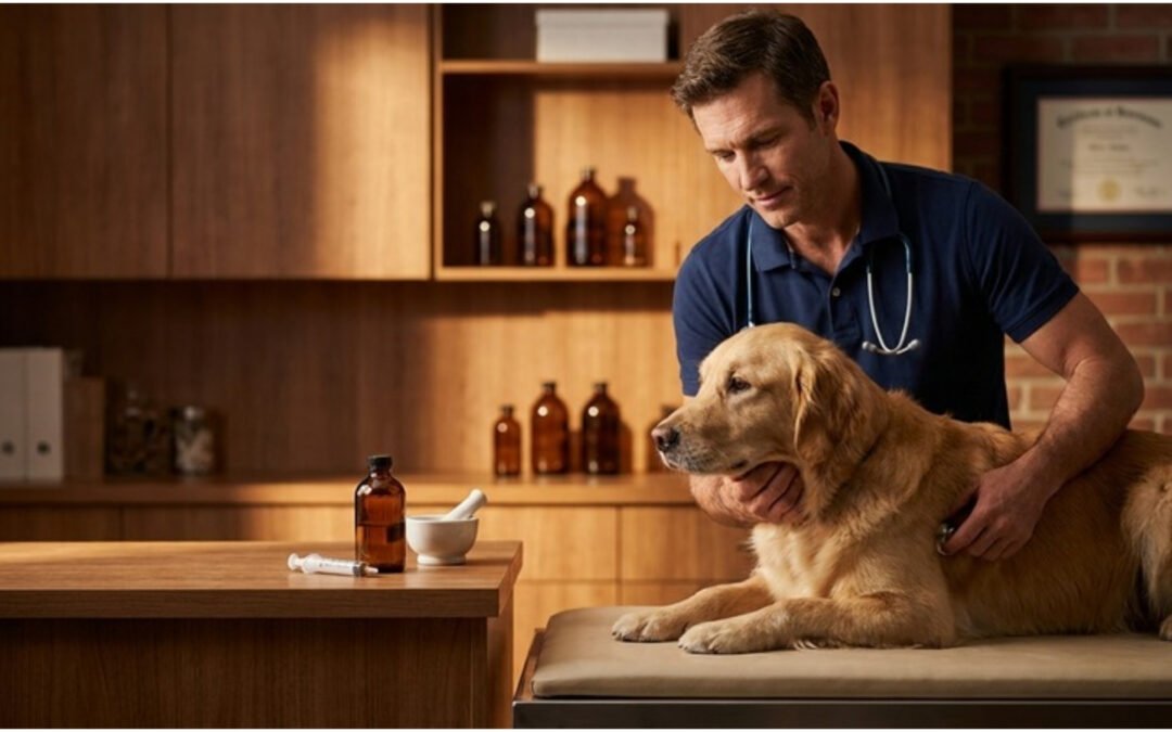 Editorial magazine-style hero photograph of a veterinary prescriber examining a calm dog beside a compounded oral liquid preparation