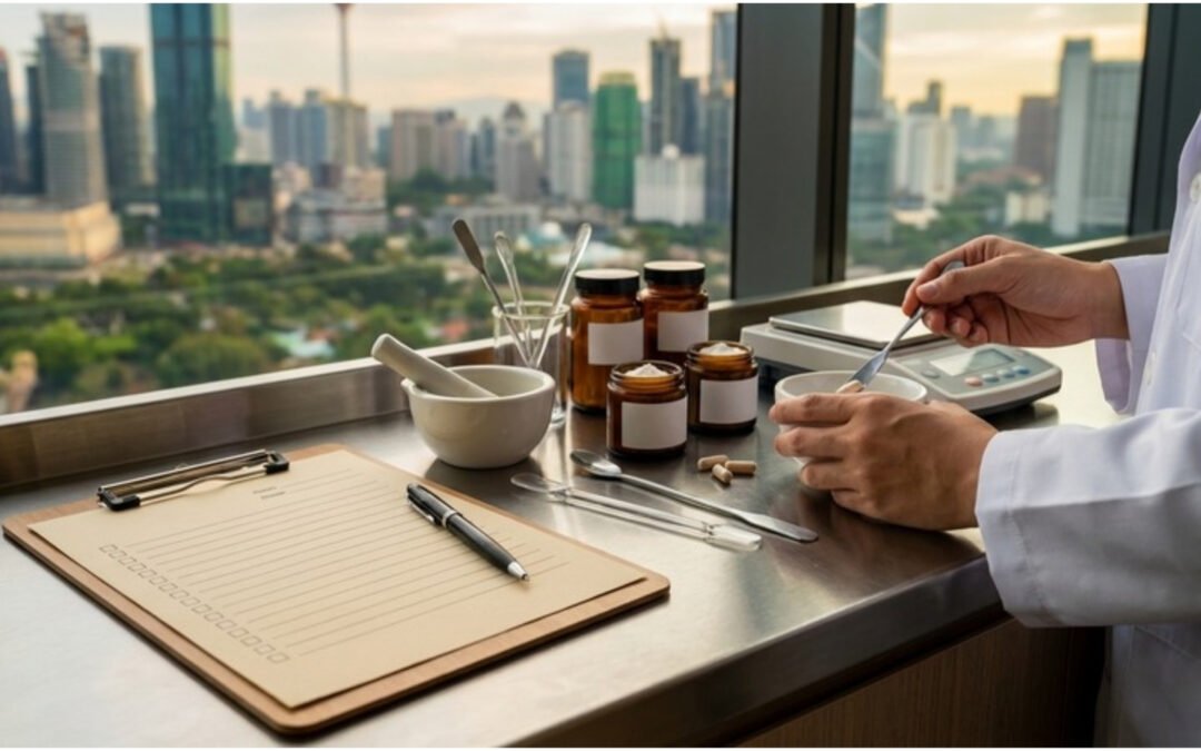 A prescription checklist clipboard beside a compounding bench with capsule and cream preparation ingredients in a Kuala Lumpur pharmacy