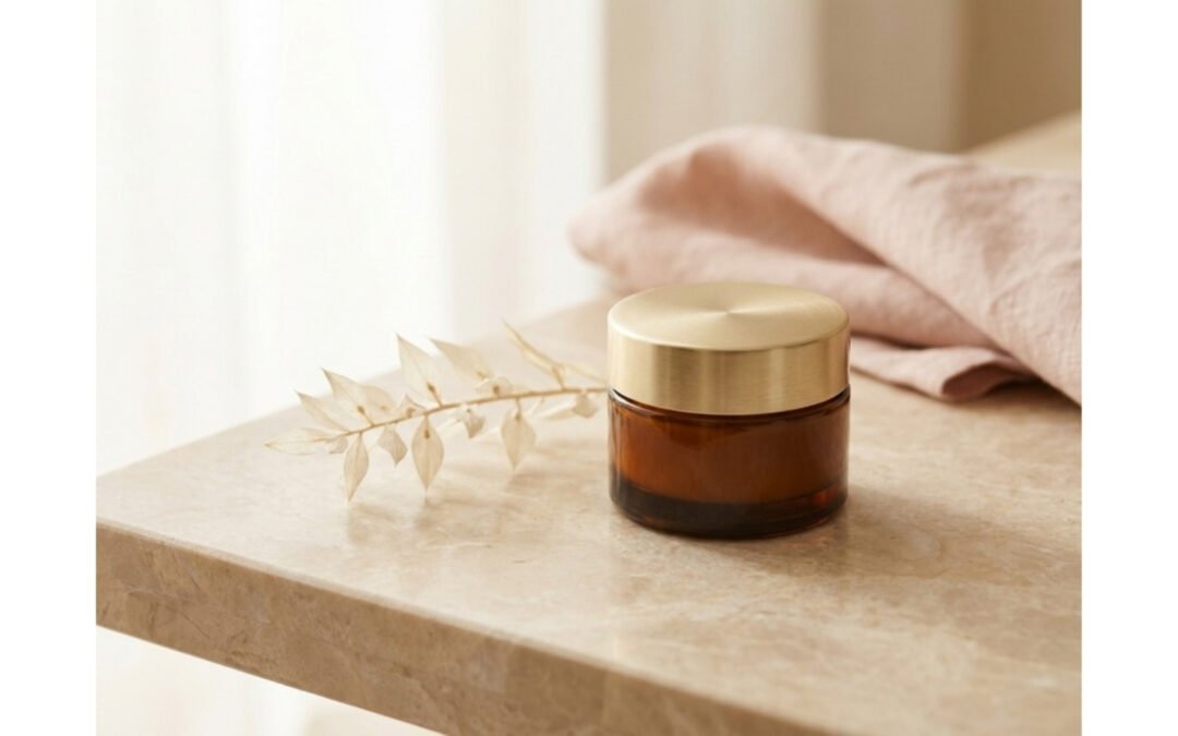 Amber glass cream jar on warm marble surface — compounded estriol cream for menopause