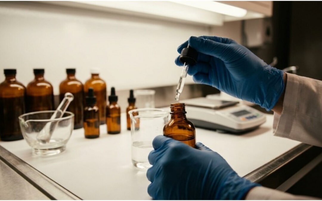 Pharmacist's gloved hands preparing a topical liquid formulation on a clean compounding bench with amber glass bottles