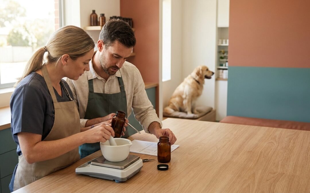 Veterinarian and pharmacist preparing a customised non-sterile animal formulation in a modern pharmacy