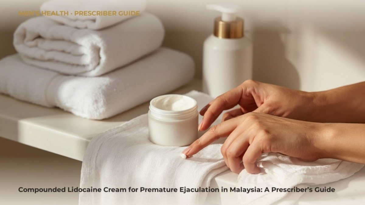 A clean bathroom shelf with folded white towels and a small ceramic jar, illustrating a prescriber guide on compounded lidocaine cream for premature ejaculation