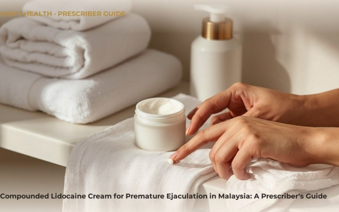A clean bathroom shelf with folded white towels and a small ceramic jar, for a prescriber guide on compounded lidocaine cream and premature ejaculation
