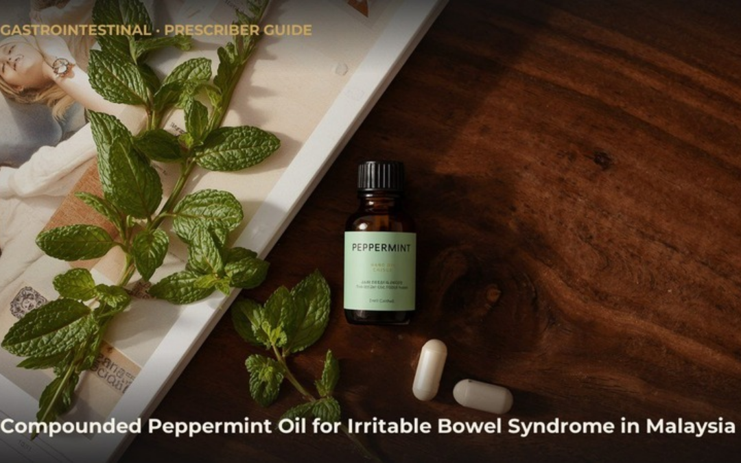 Compounded peppermint oil for IBS — peppermint leaves, amber oil bottle and two-piece hard capsules on a dark wooden surface