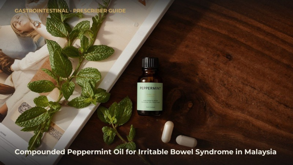 Fresh peppermint leaves beside an amber bottle of peppermint oil and empty two-piece hard capsule shells on a dark wooden surface