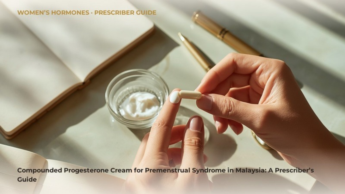 A calm consulting desk with a dish of pale cream, illustrating a prescriber guide on compounded progesterone for premenstrual syndrome