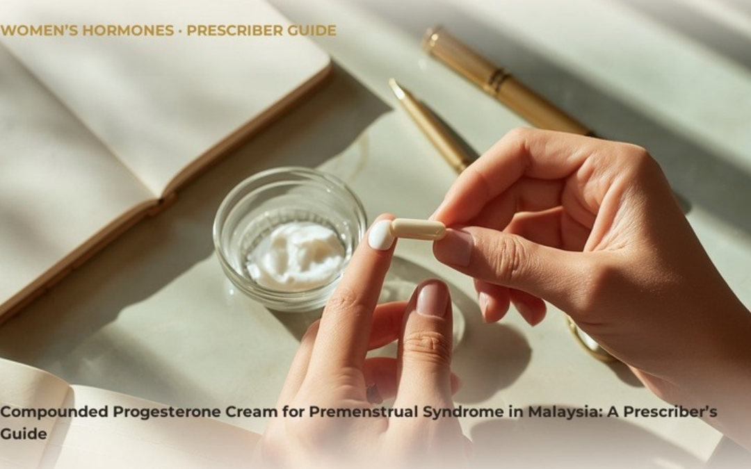 A calm consulting desk with a dish of pale cream, for a prescriber guide on compounded progesterone and premenstrual syndrome