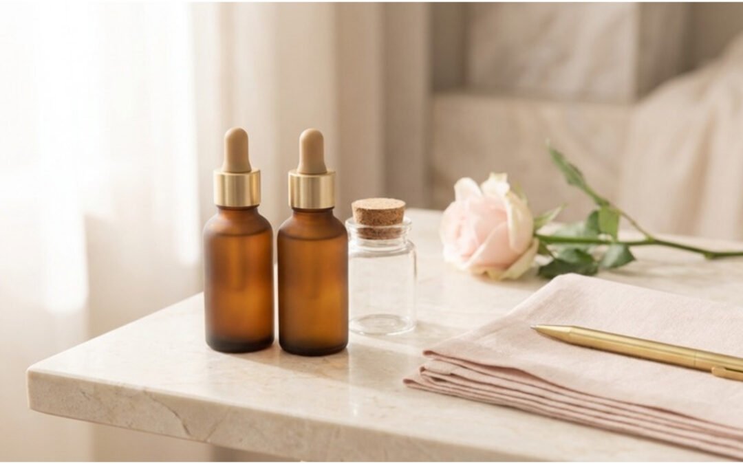 Two amber glass bottles with dropper tops and a prescription pad on a dark polished wood surface, representing compounded topical finasteride-minoxidil preparations for androgenetic alopecia.