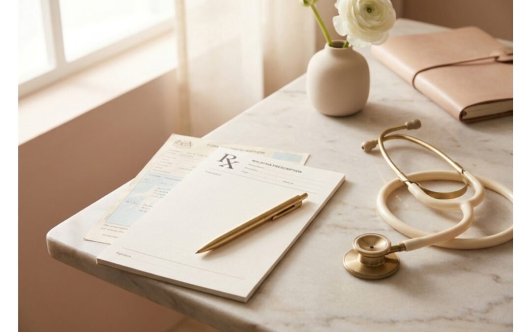 A consulting-room desk with a foreign prescription and a Malaysian prescription pad, stethoscope nearby — representing overseas prescription conversion at a KL compounding pharmacy